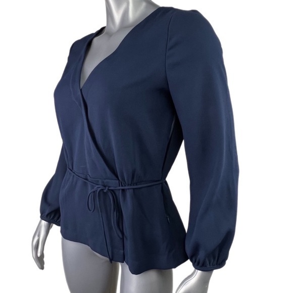 J. Crew | Navy Blue Faux Wrap Blouse V Neck and Side Zipper Size 8 Tall - Picture 5 of 10